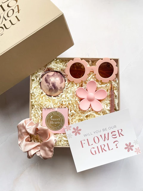 Pink flower girl proposal gift box with sunglasses, accessories and a personalised card